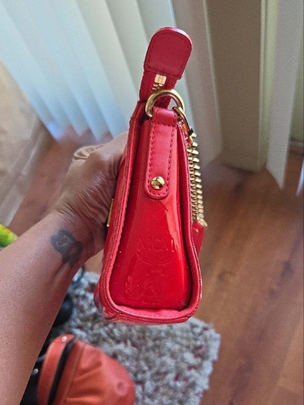 MCM Patent Shoulder Bag in Deep Red with Gold Chain - Picture 8 of 14
